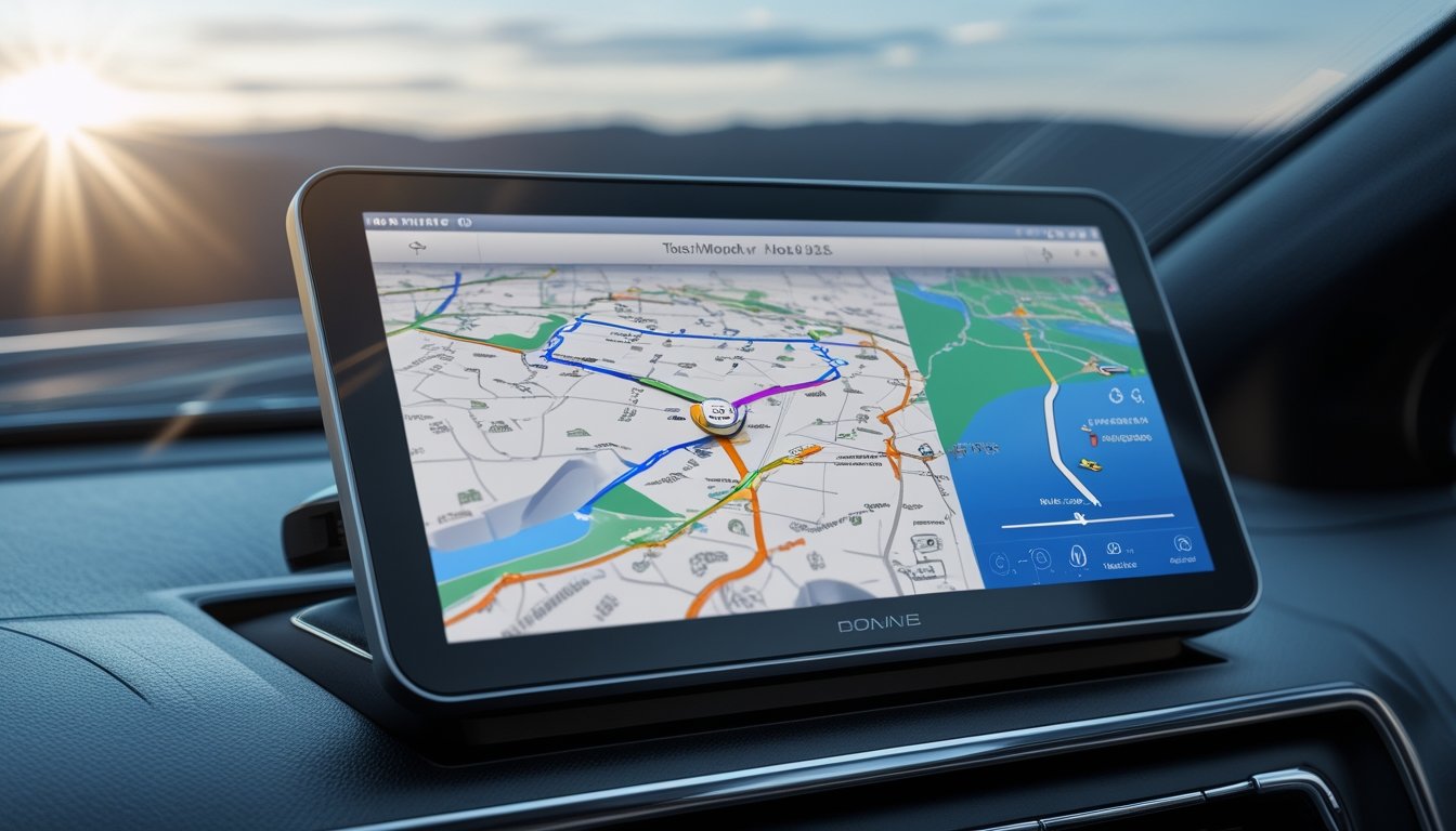 Perangkat GPS mobile terbaik tahun 2026 terpasang di dashboard mobil modern dengan peta navigasi real-time yang terlihat jelas, di latar belakang jalan terbuka terlihat melalui kaca depan mobil.