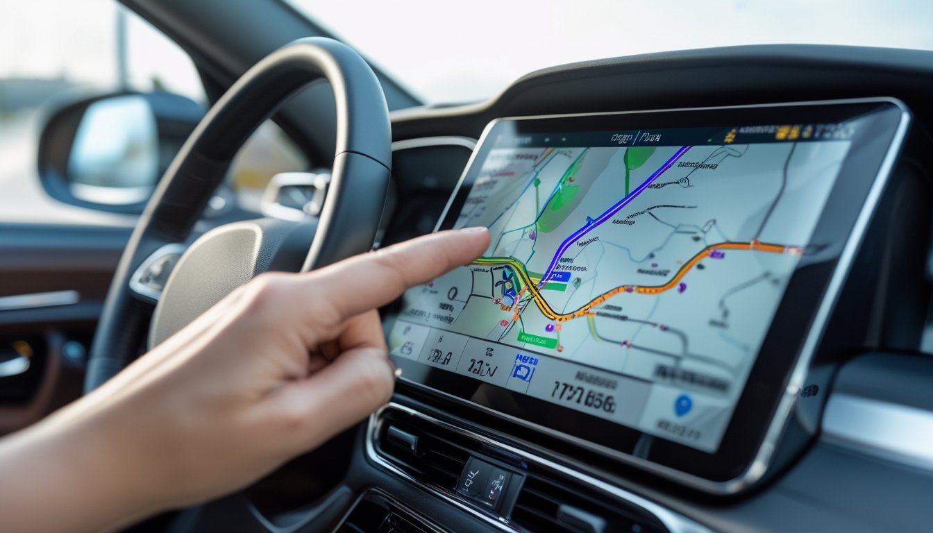 Interior mobil dengan sistem GPS modern yang menampilkan peta dan petunjuk arah secara real-time.