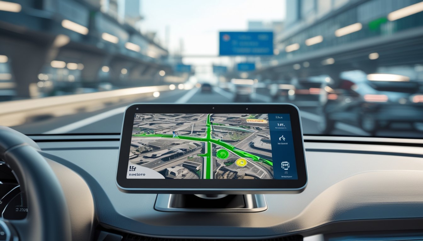 Dashboard mobil modern dengan sistem GPS menampilkan peta kota dan jalan tol untuk navigasi.