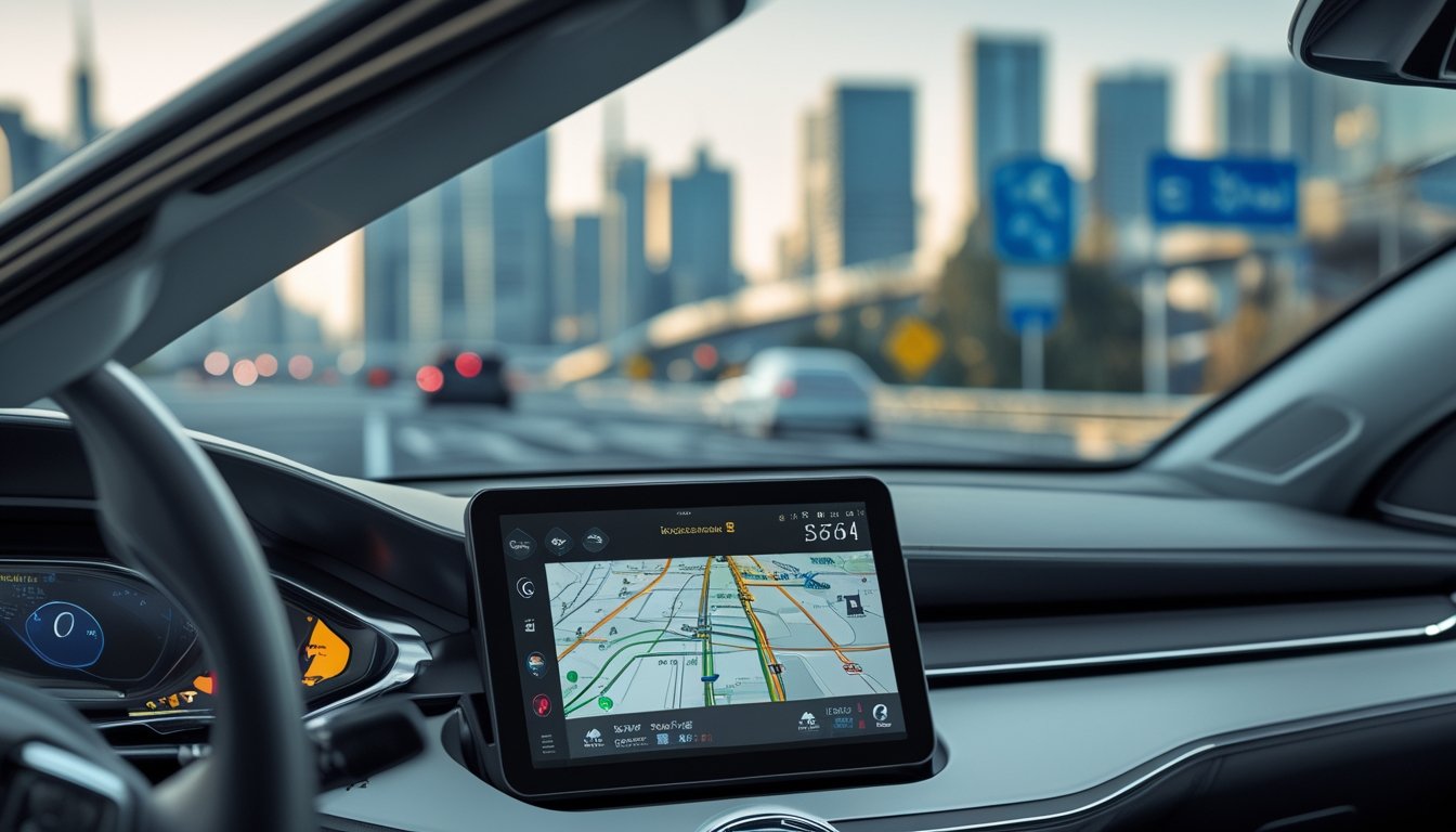 Tampilan dalam mobil modern dengan sistem GPS canggih yang menunjukkan peta dan rute di layar navigasi, dengan latar belakang kota dan jalan tol.