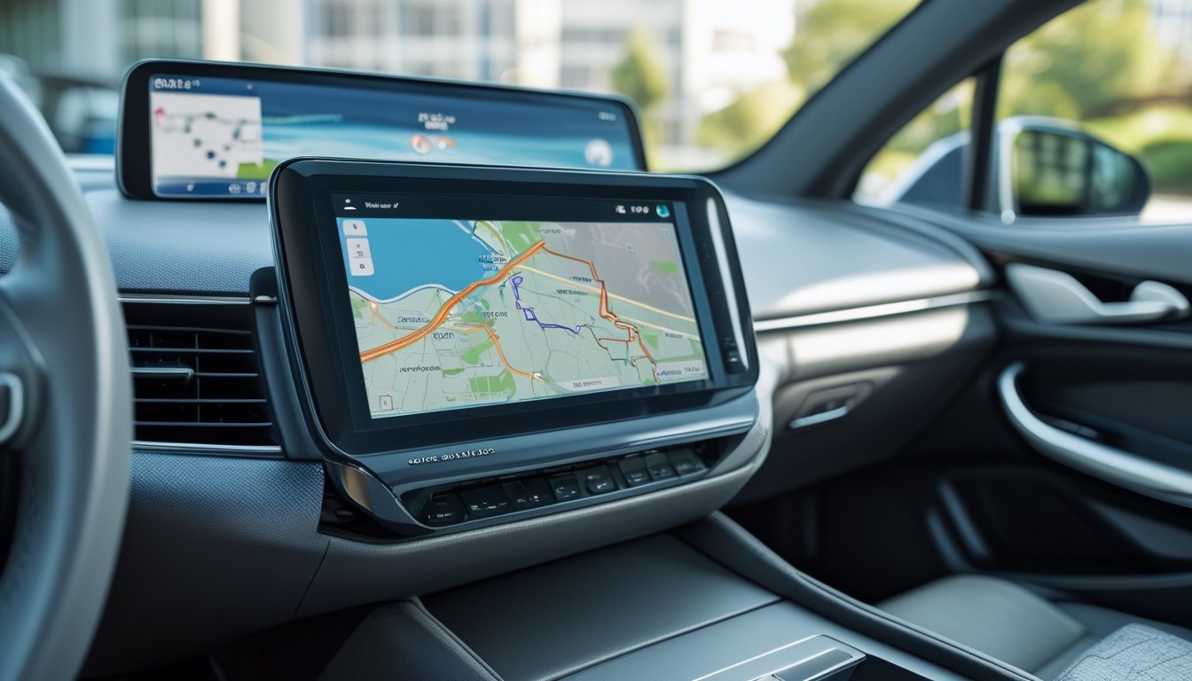 Interior mobil modern dengan perangkat GPS yang menampilkan peta dan rute di layar, di dalam suasana terang dan bersih.