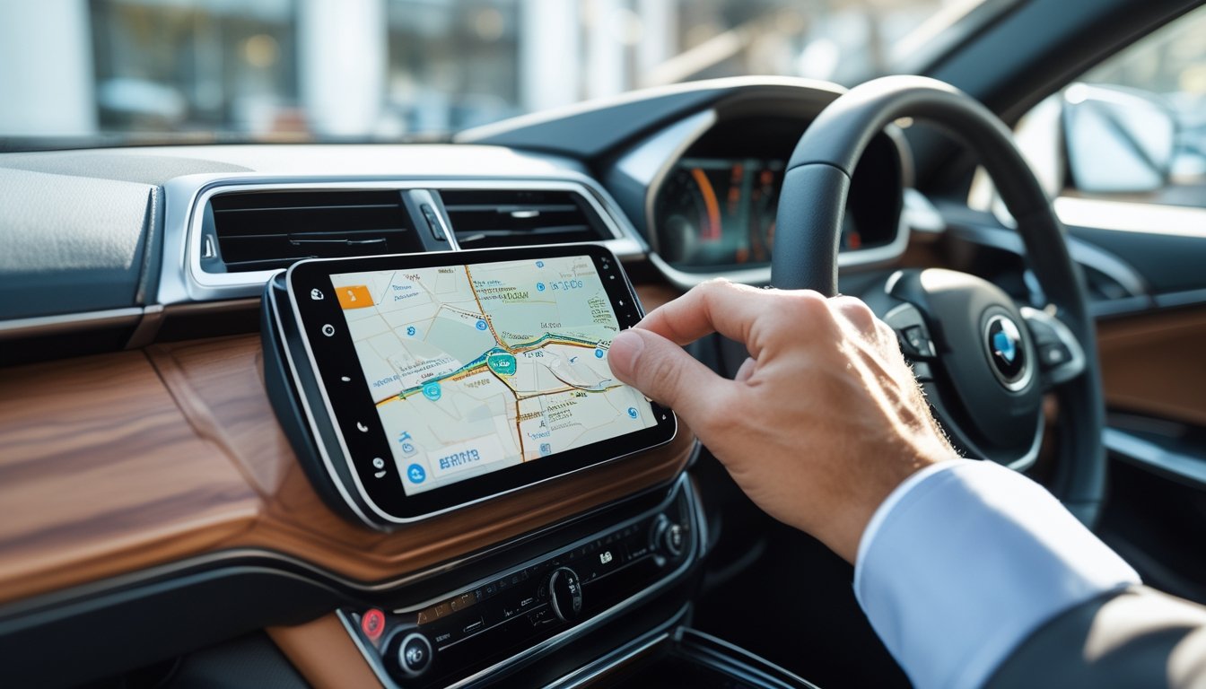Interior mobil modern dengan sistem GPS canggih yang menampilkan peta dan rute, tangan sedang menyentuh layar GPS.
