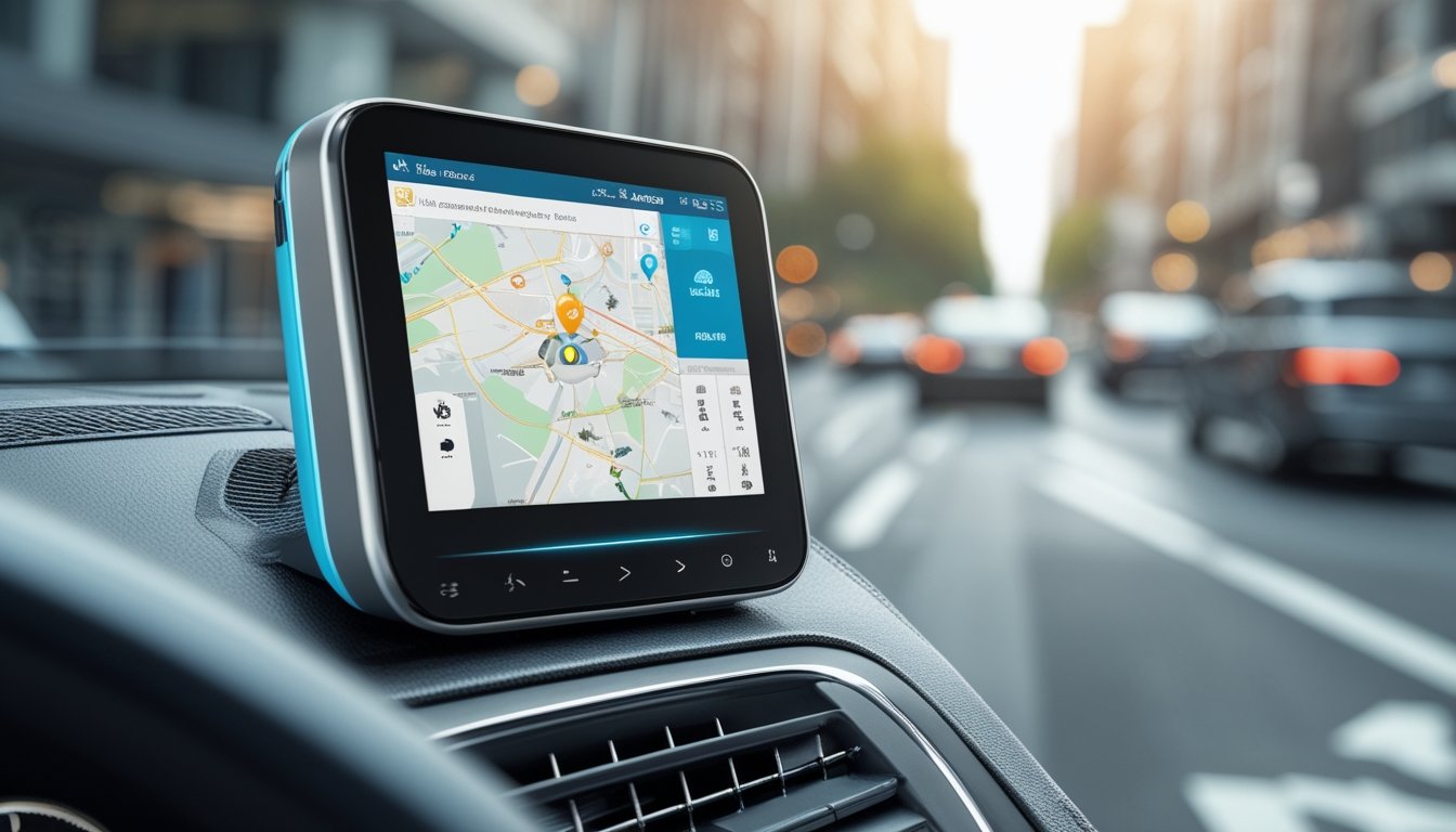 Perangkat GPS modern terpasang di dashboard mobil dengan peta pelacakan kendaraan real-time dan latar belakang jalan kota yang sibuk.
