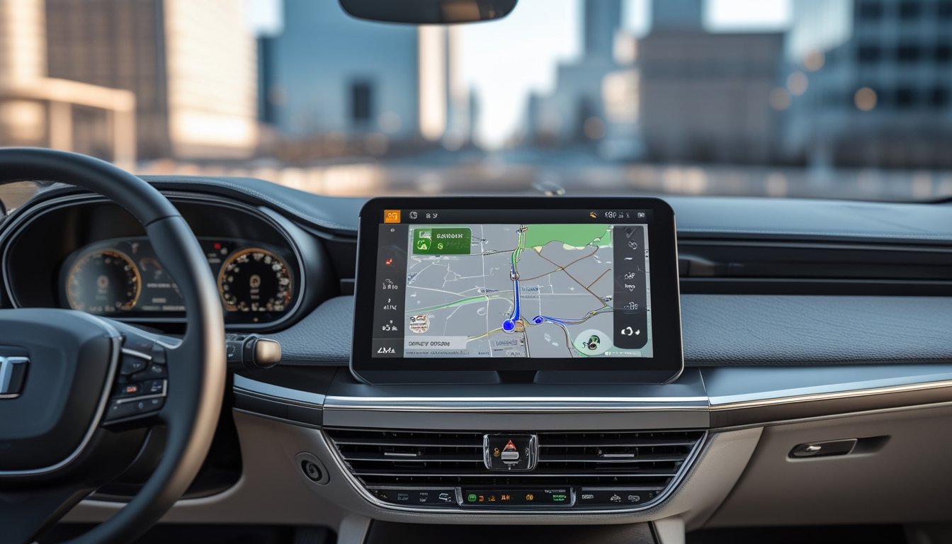 Dashboard mobil modern dengan sistem GPS canggih yang menampilkan peta dan pelacakan kendaraan real-time.