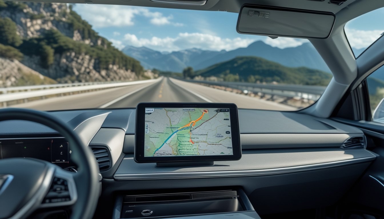 Pemandangan dalam mobil dengan sistem GPS yang menampilkan peta dan rute perjalanan di jalan raya yang terbentang jauh dengan latar pegunungan.