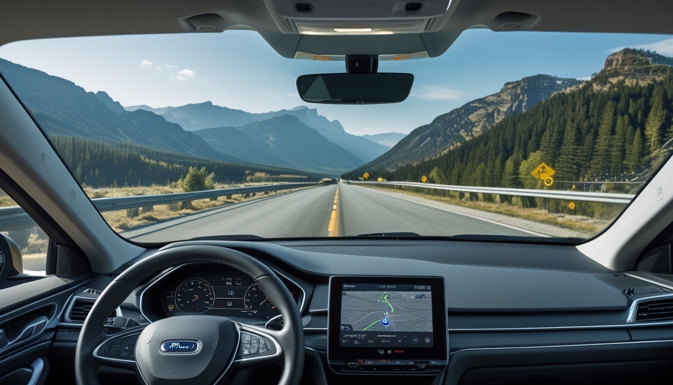 Pemandangan dari dalam mobil yang menunjukkan layar GPS dengan peta satelit dan rute yang jelas, serta jalan panjang dan pemandangan alam di luar jendela mobil.