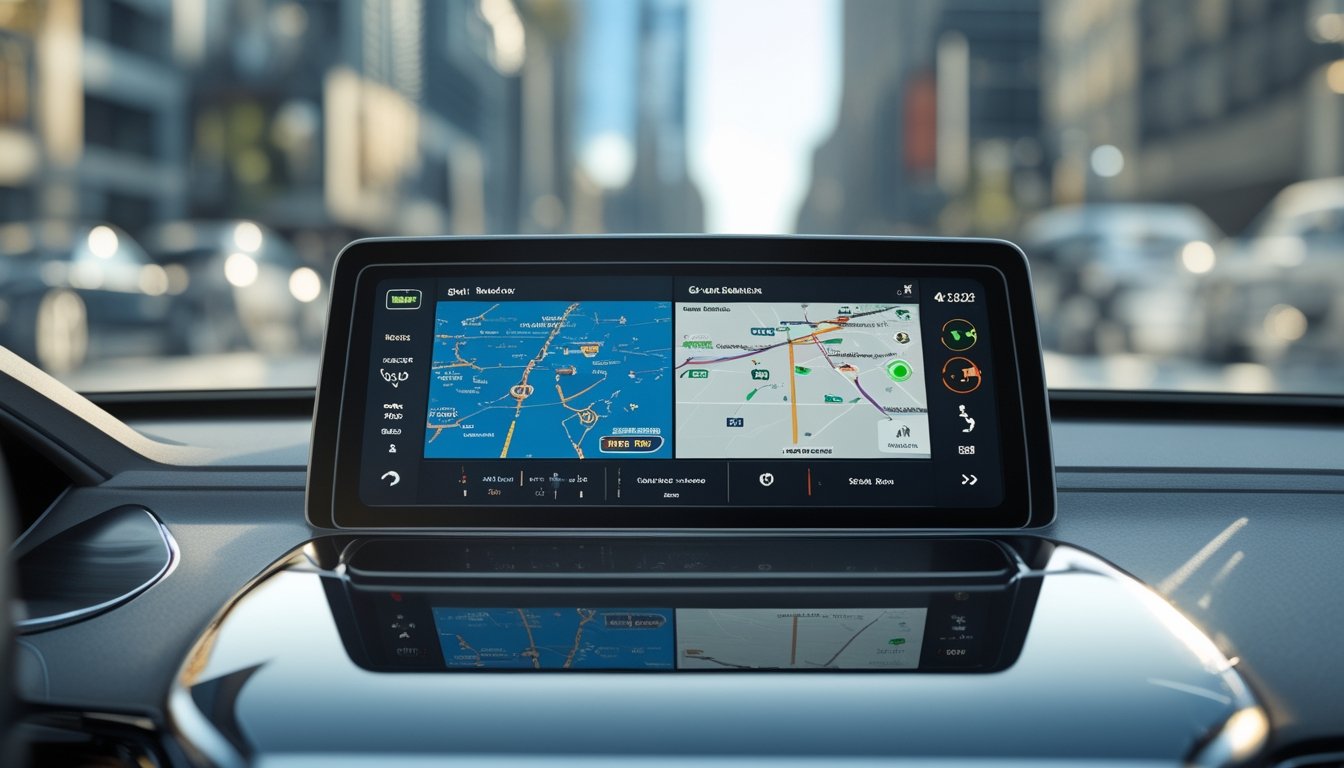 Dashboard mobil dengan layar GPS yang menampilkan peta navigasi offline dan online secara berdampingan, dengan latar belakang pemandangan kota modern.