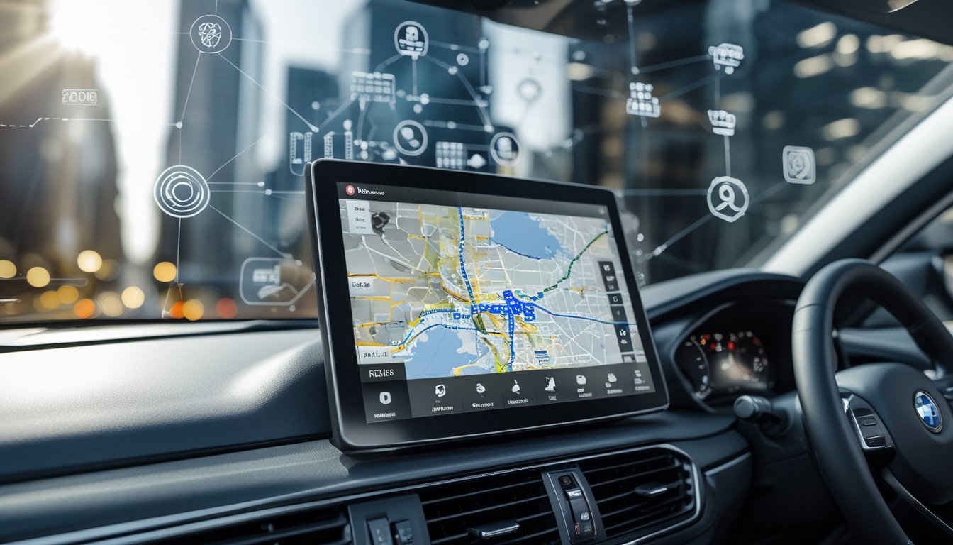 Tampilan dalam mobil modern dengan sistem navigasi GPS yang menunjukkan peta dan rute, latar belakang kota dengan ikon sinyal satelit.