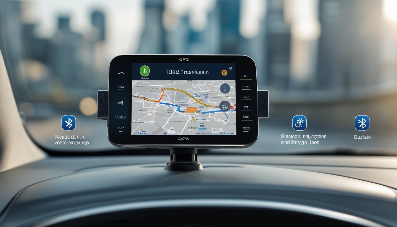 Perangkat GPS terbaru tahun 2026 yang menampilkan peta dan navigasi suara dalam bahasa Indonesia terpasang di dashboard mobil dengan latar belakang kota.