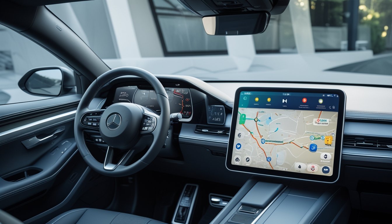 Interior mobil modern dengan layar GPS yang menampilkan peta dan ikon navigasi suara, serta konektivitas smartphone di dashboard.