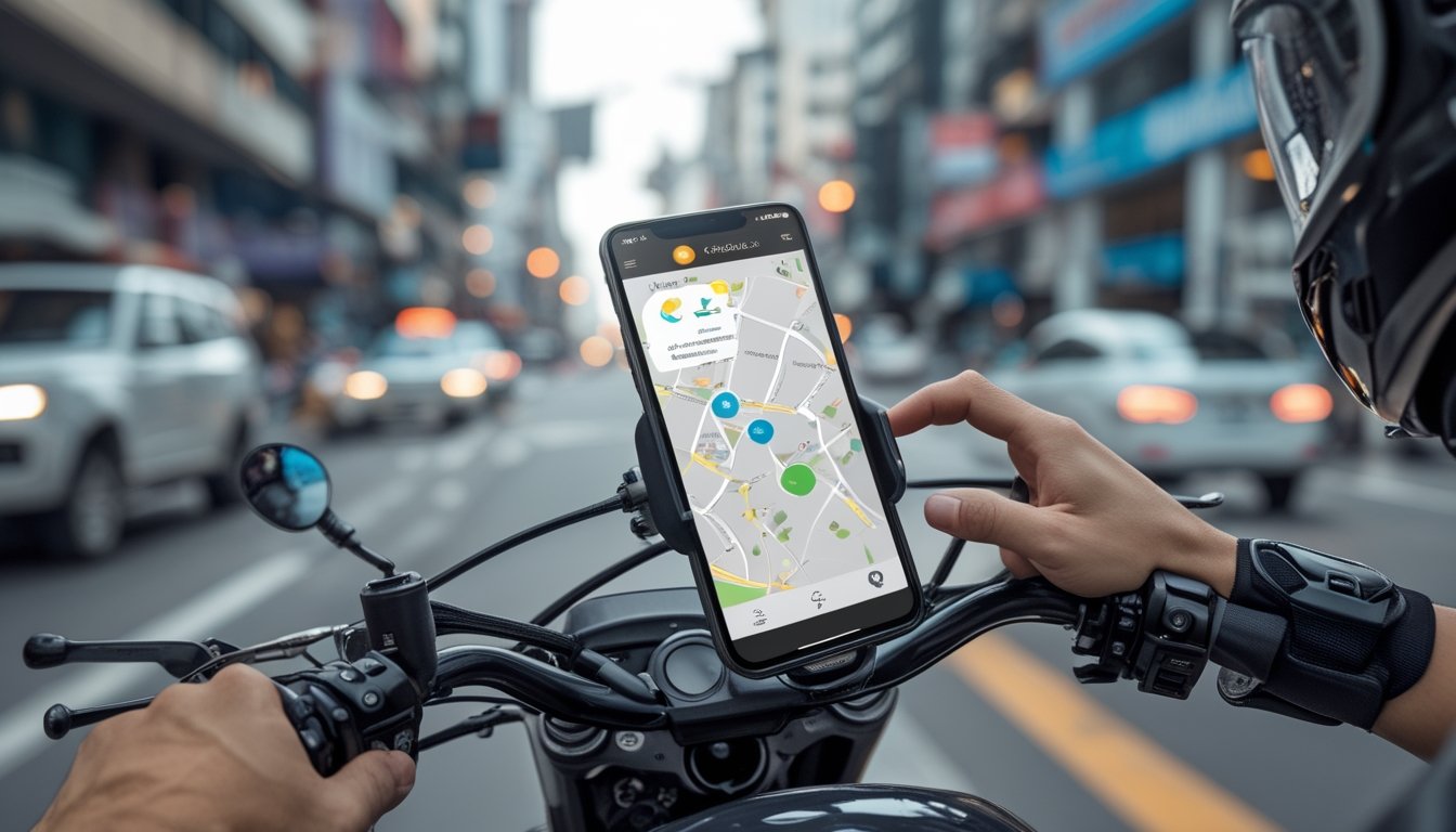 Seorang pengendara ojek online menggunakan ponsel yang menampilkan navigasi GPS saat berkendara di jalan kota yang sibuk.