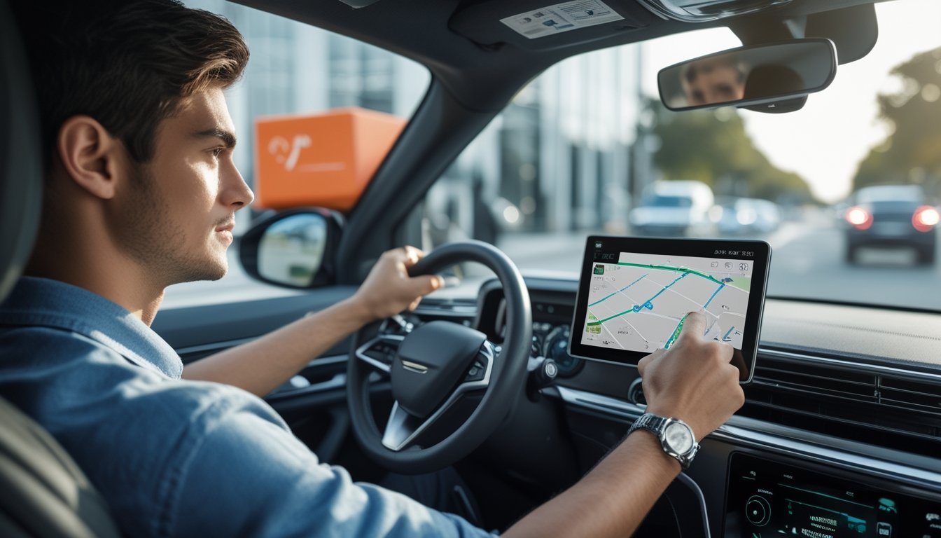Pengemudi mobil melihat layar GPS yang menampilkan peta rute, dengan paket pengiriman di kursi penumpang di dalam mobil.