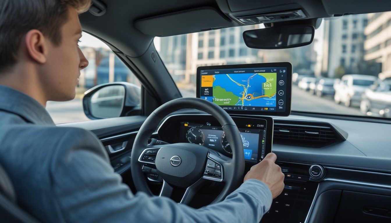 Pengemudi menggunakan sistem GPS mobil modern di dalam kendaraan dengan pemandangan kota di luar jendela.