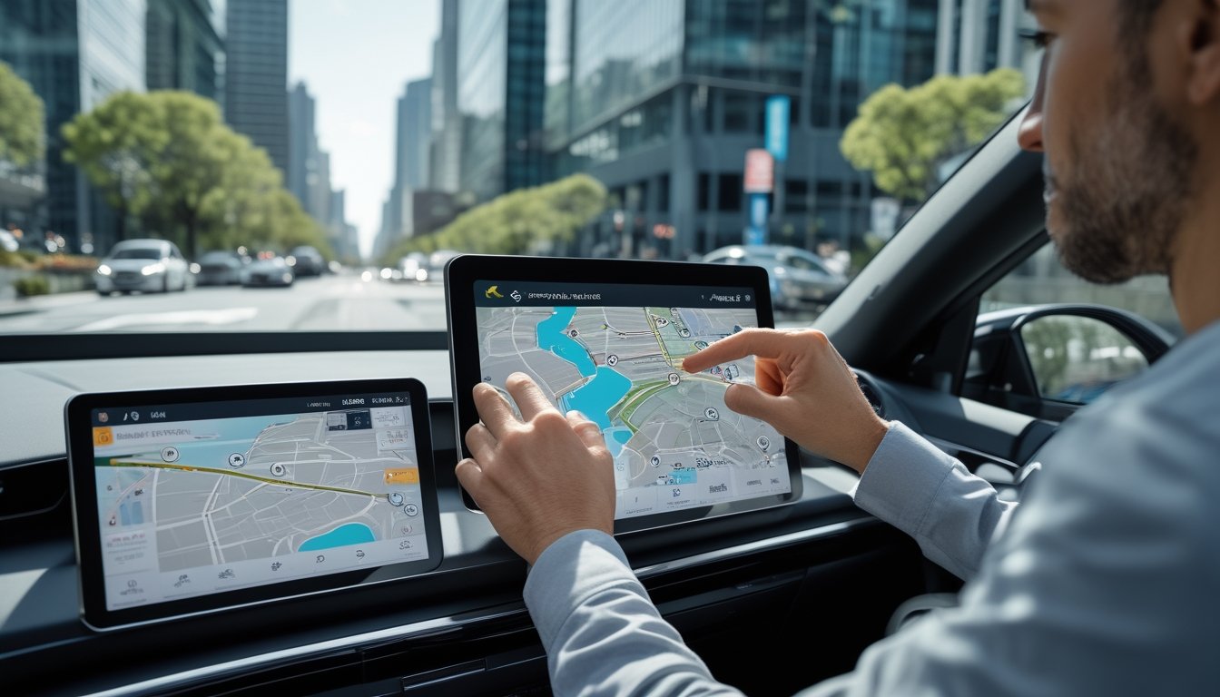 Interior mobil modern dengan sistem GPS canggih yang menampilkan peta kota dan rute menghindari kemacetan, pengemudi sedang menggunakan perangkat tersebut.