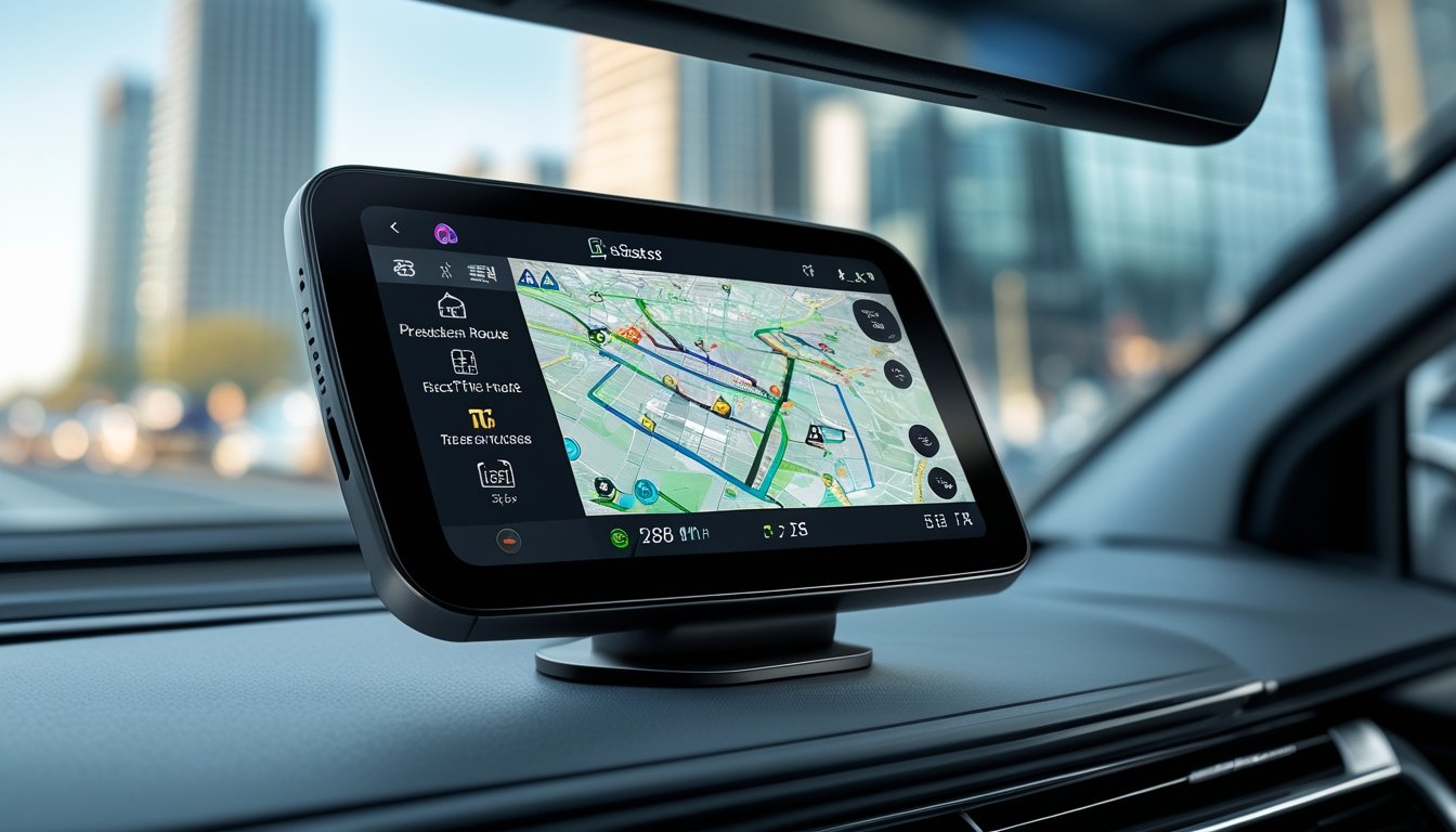 Perangkat GPS modern di dashboard mobil yang menampilkan peta dan kondisi lalu lintas secara real-time.