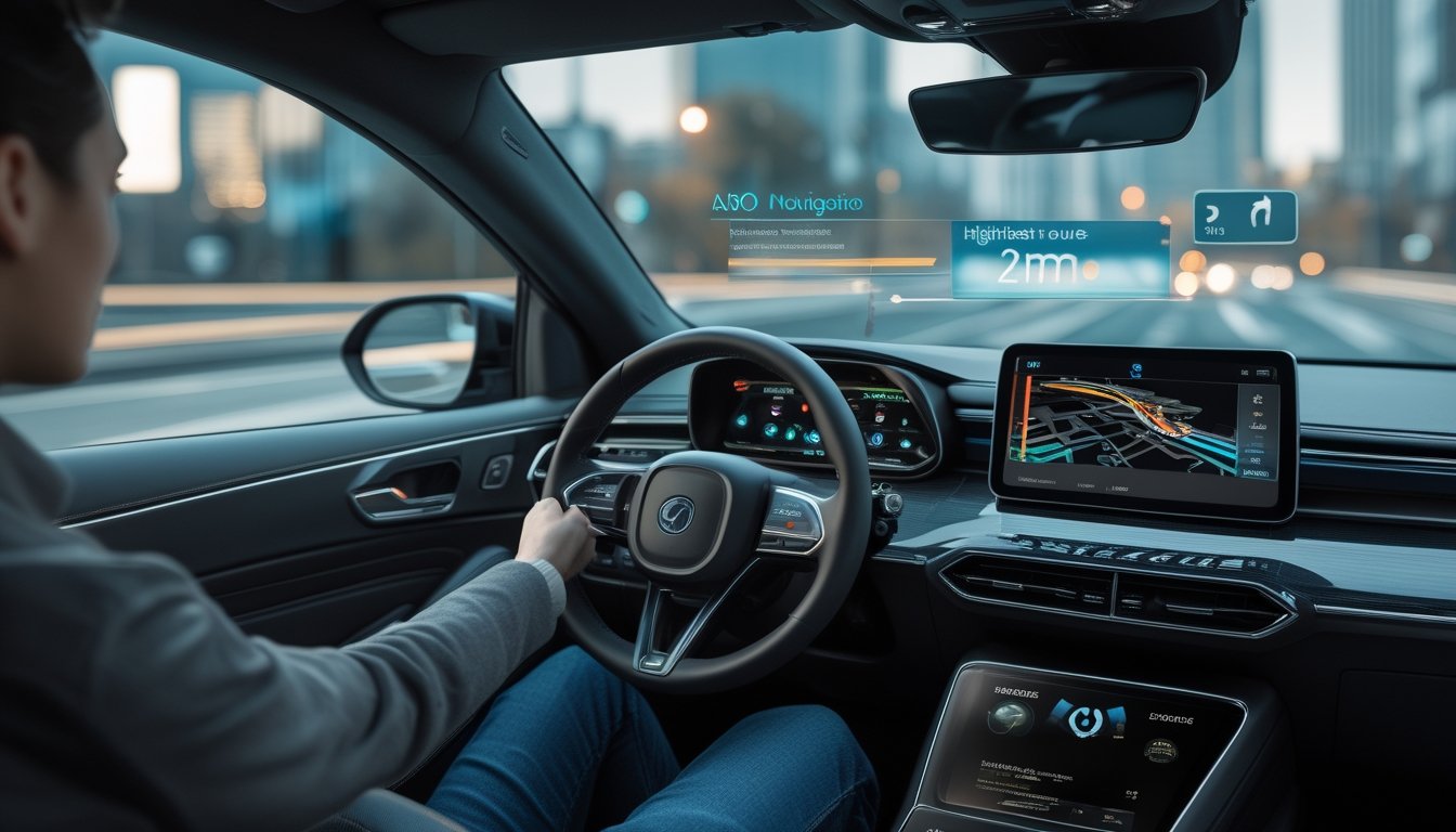 Interior mobil modern dengan layar navigasi GPS yang menampilkan peta digital dan informasi lalu lintas secara real-time.