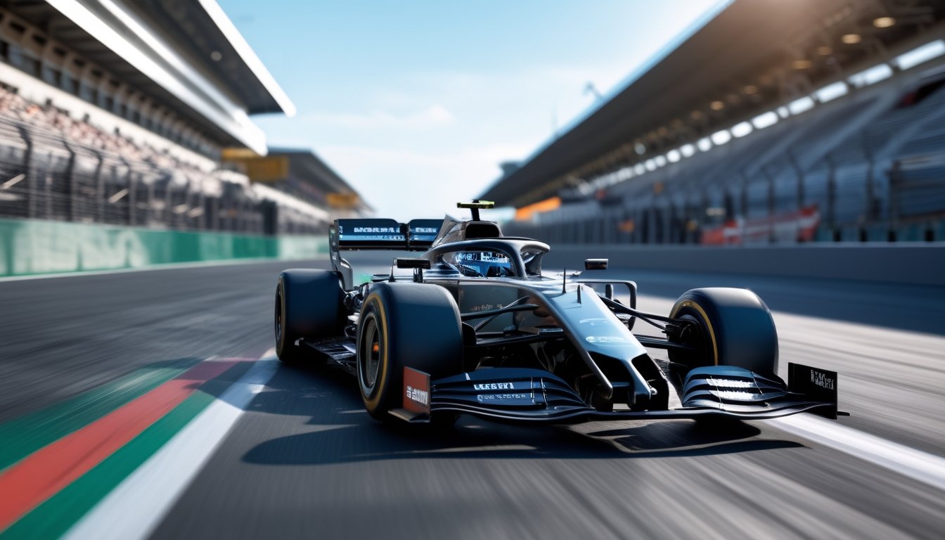 Ban Formula 1 terbaru tahun 2026 terpasang pada mobil balap di lintasan balap dengan latar belakang tribun penonton dan langit cerah.