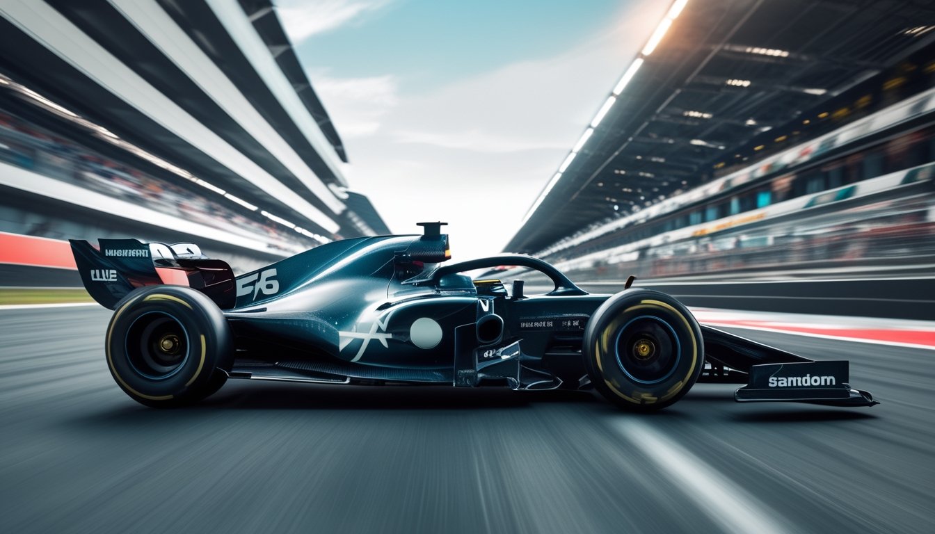 Foto close-up ban slick mobil balap Formula 1 terbaru dengan latar lintasan balap yang buram.