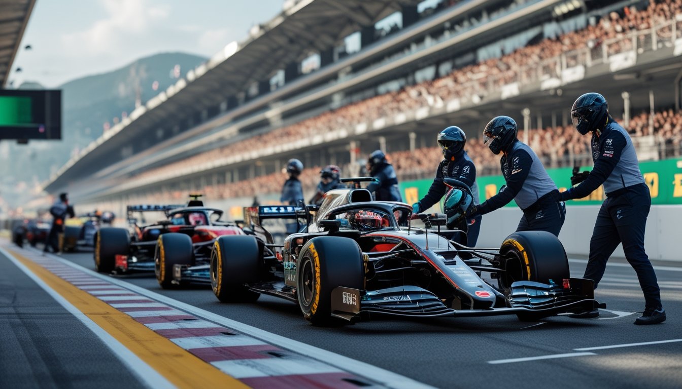 Adegan balapan Formula 1 dengan mobil modern sedang melakukan pit stop di lintasan balap, dengan kru tim yang sedang mengganti ban.