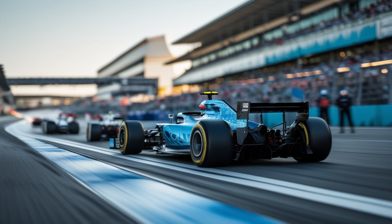 Mobil Formula 1 sedang melaju kencang di lintasan dengan ban slick terlihat jelas, latar belakang tribun penuh penonton dan kru pit.