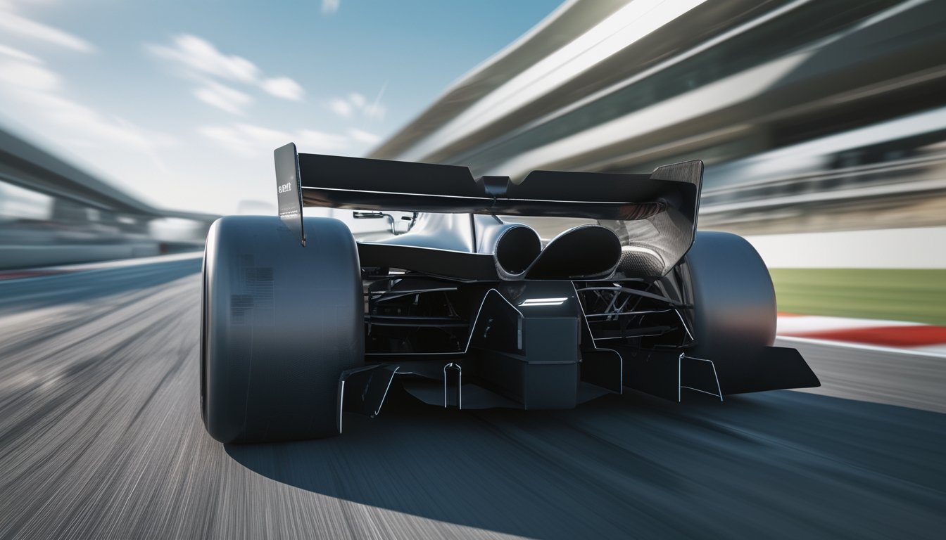 Close-up ban mobil balap Formula 1 terbaru tipe Slick F1 2026 di lintasan balap dengan latar belakang suasana balapan yang dinamis.