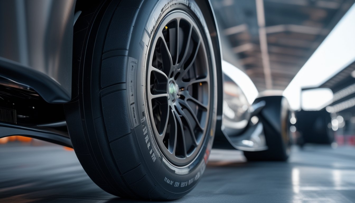 Foto close-up ban slick Formula 1 tahun 2026 yang terpasang pada roda mobil balap di pit lane.