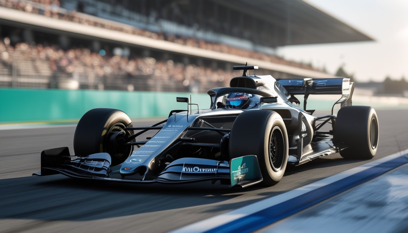 Mobil balap Formula 1 dengan ban slick terbaru melaju di lintasan balap saat hari cerah.
