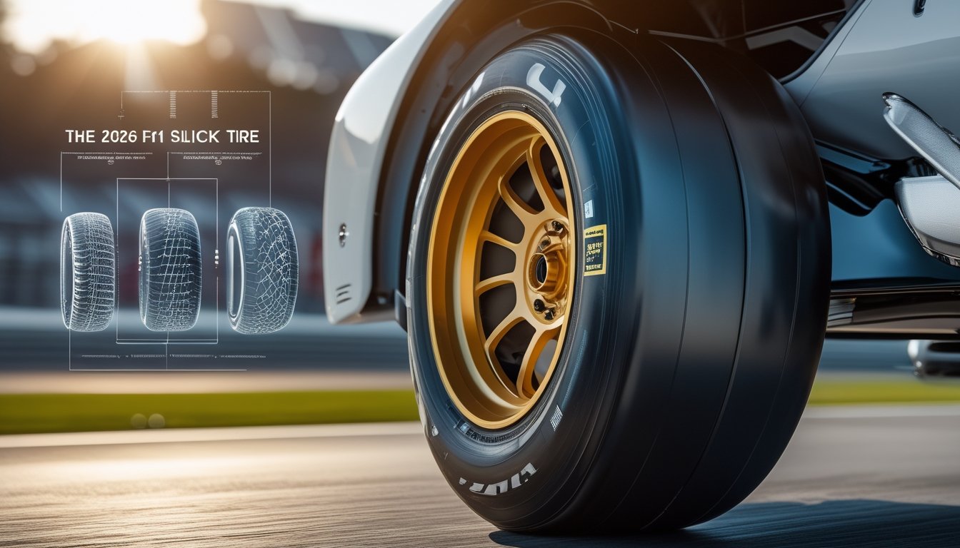 Ban slick Formula 1 terbaru tahun 2026 terpasang pada mobil balap di lintasan dengan latar belakang trek balap yang samar.