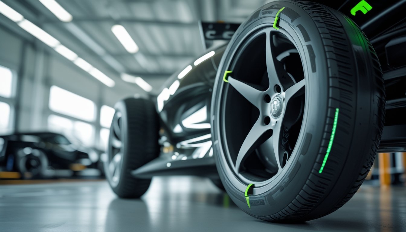 Ban slick F1 futuristik dengan desain tanpa tapak dan aksen hijau, dipasang pada roda mobil balap di bengkel otomotif modern.