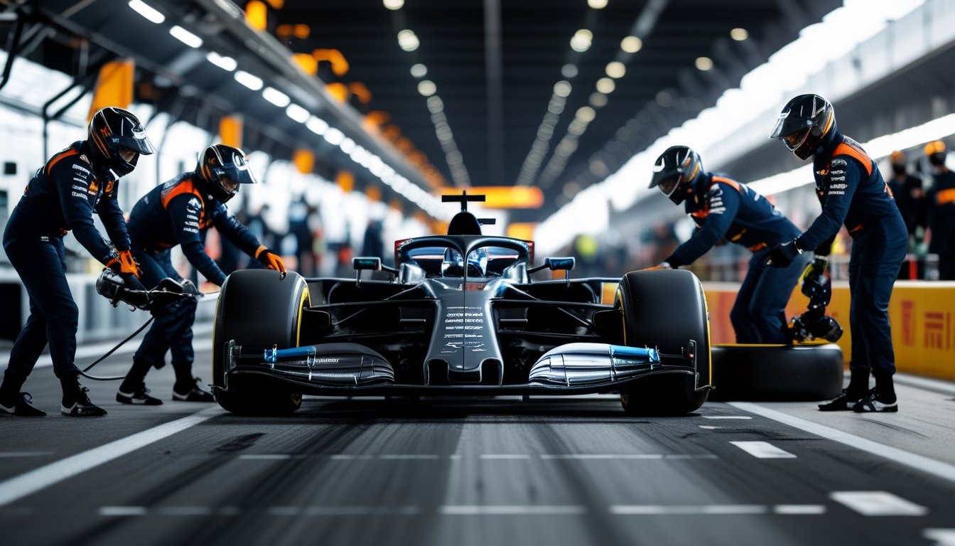 Tim pit stop sedang mengganti ban slick F1 pada mobil balap di lintasan Formula 1 modern.