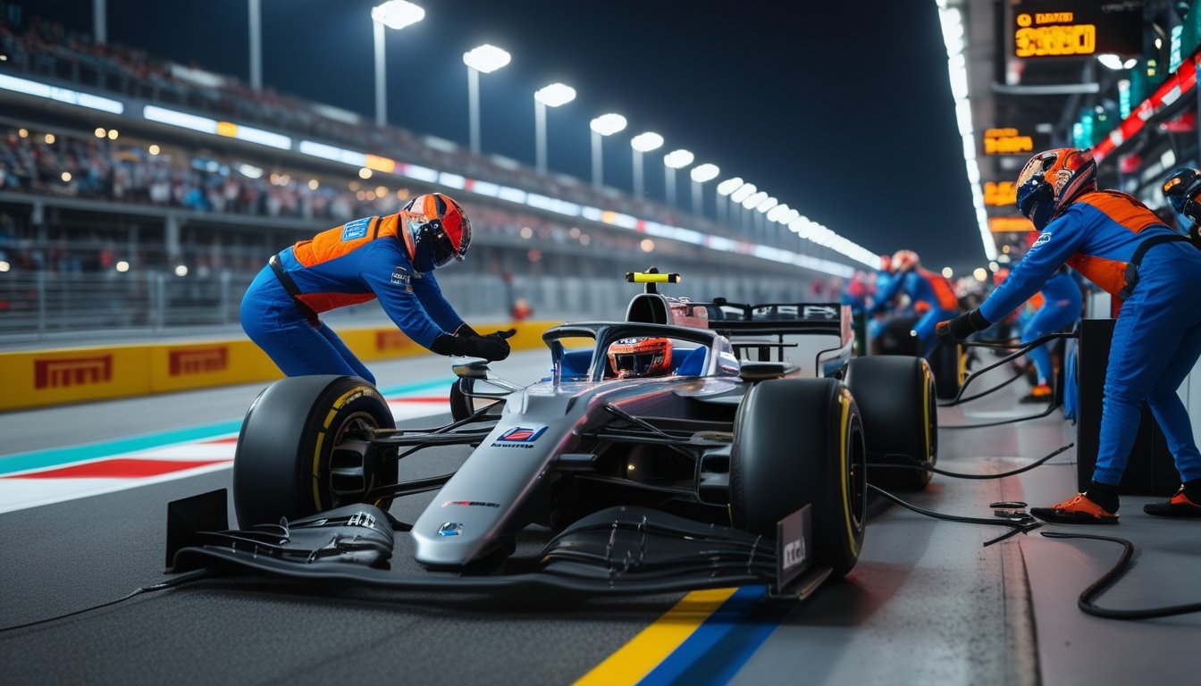 Tim pit stop sedang mengganti ban slick pada mobil Formula 1 di lintasan balap modern.