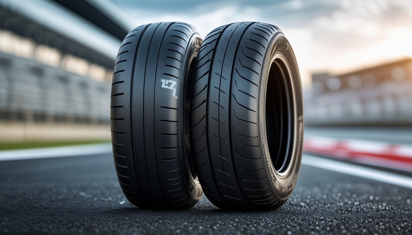 Dua ban Formula 1, satu ban slick halus dan satu ban basah dengan alur, diletakkan berdampingan di permukaan trek balap.