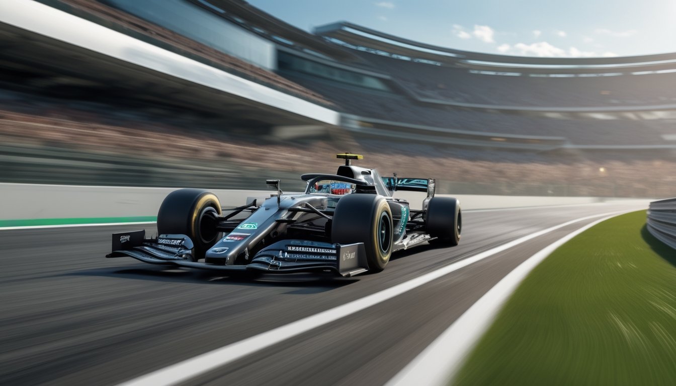 Mobil Formula 1 dengan ban slick terbaru melaju cepat di tikungan sirkuit balap dengan penonton di latar belakang.
