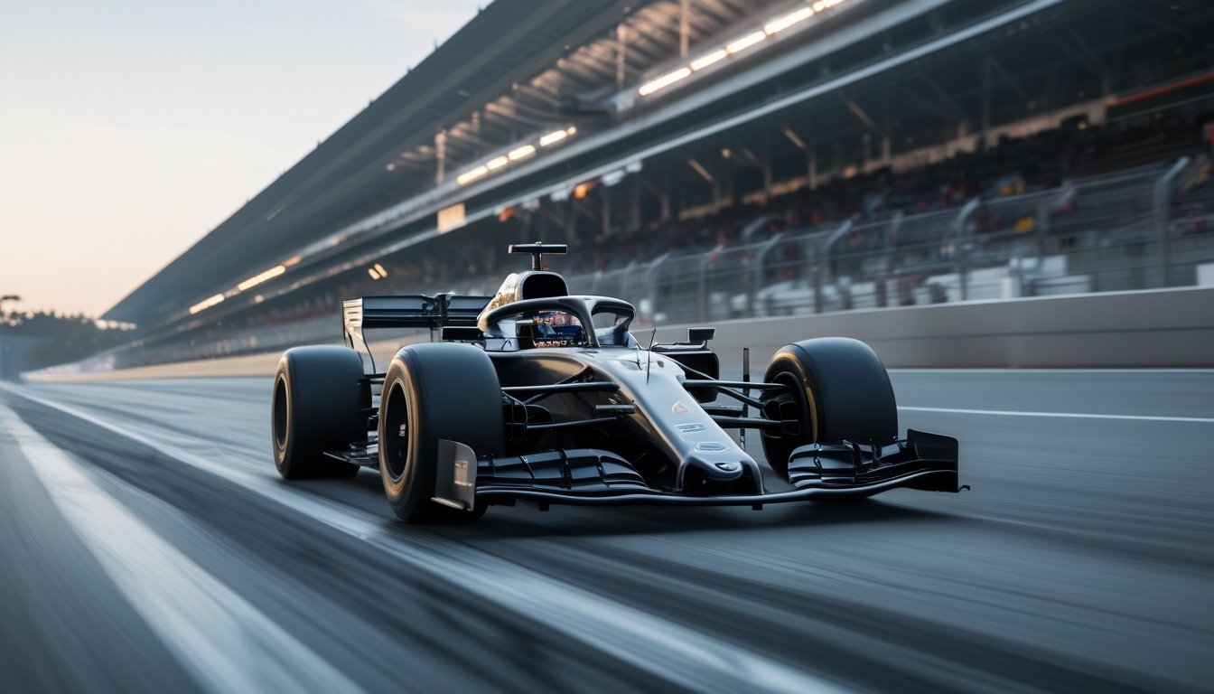 Mobil Formula 1 melaju cepat di lintasan balap dengan fokus pada ban slick tanpa tapak yang menempel kuat di aspal.