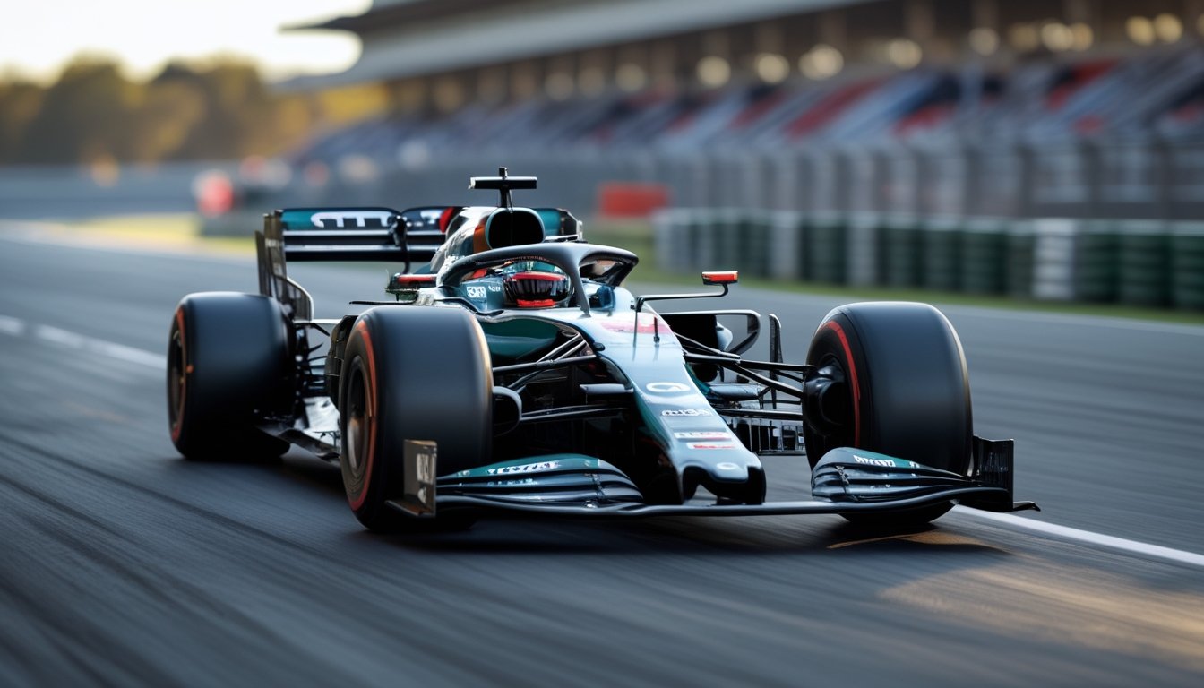 Mobil Formula 1 modern sedang melaju di lintasan balap dengan ban slick yang menempel kuat di aspal.