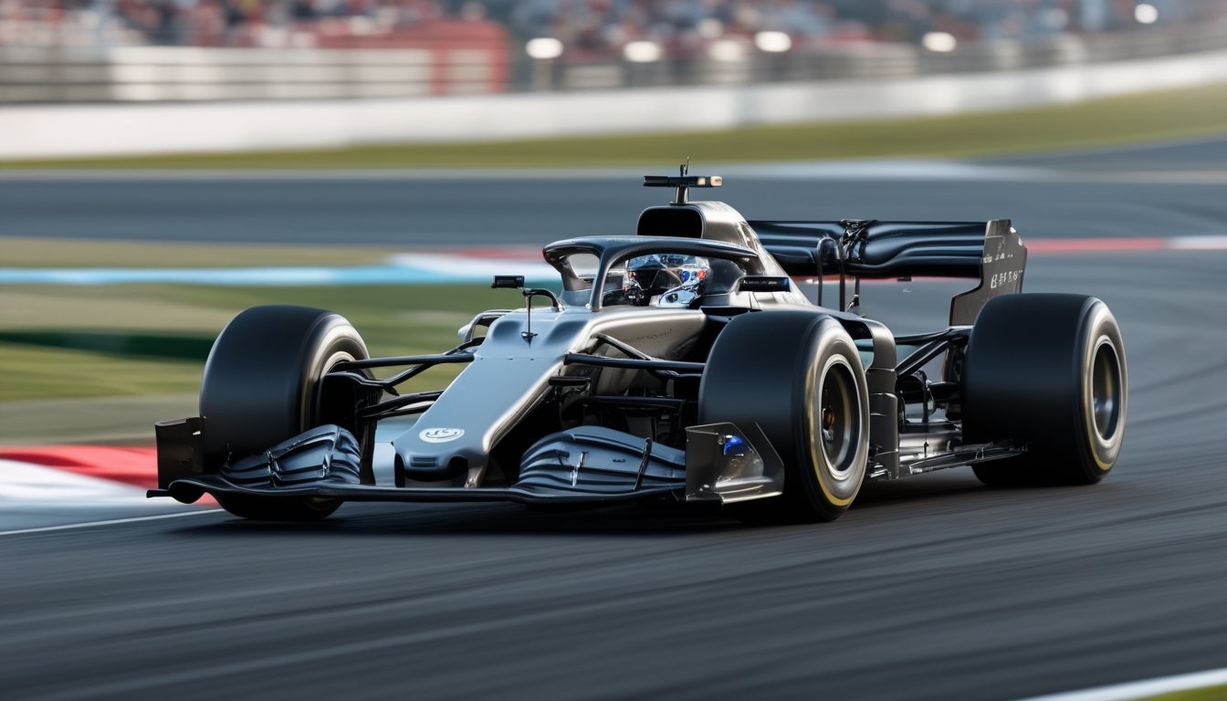 Mobil Formula 1 modern melaju cepat di lintasan dengan ban slick yang terlihat jelas.