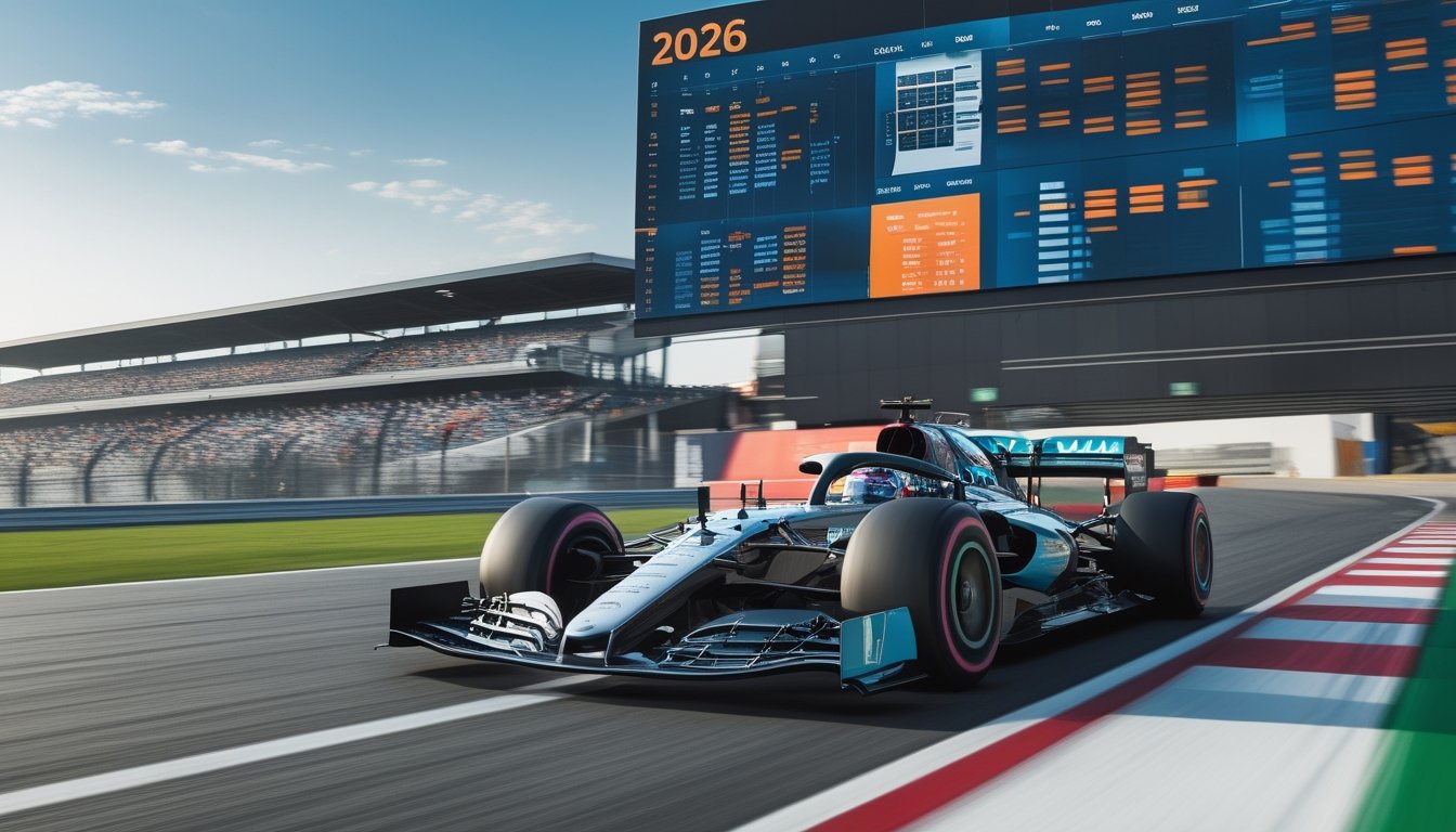 Mobil balap Formula 1 melaju cepat di sirkuit dengan papan kalender digital besar di latar belakang yang menampilkan jadwal balapan.