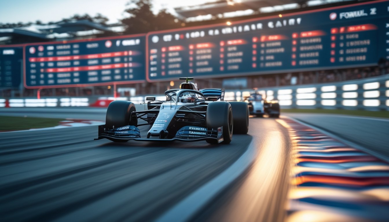 Mobil Formula 1 melaju cepat di lintasan balap dengan papan kalender balapan besar di latar belakang dan penonton di tribun.