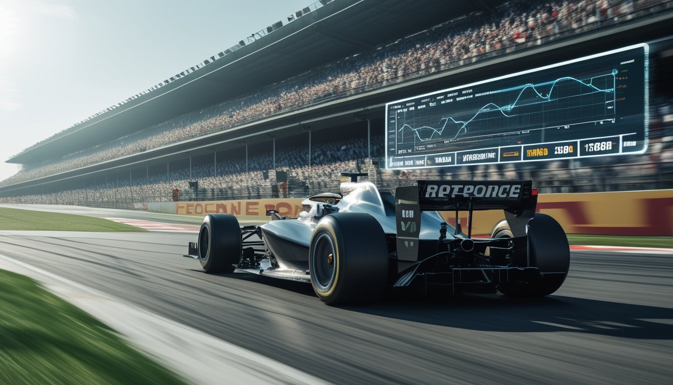 Mobil balap Formula 1 melaju kencang di lintasan dengan latar belakang tribun penonton dan grafik performa tim dan pembalap.