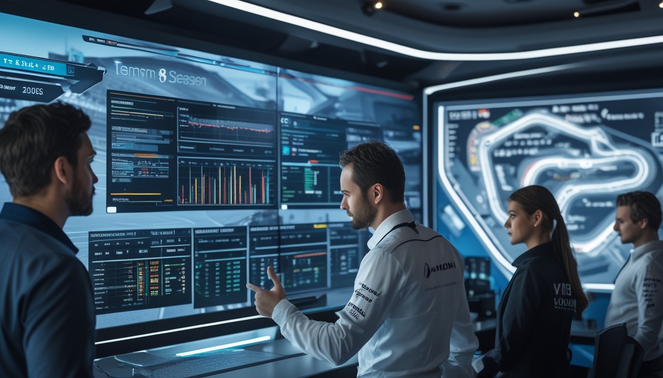 Sekelompok analis sedang melihat layar digital yang menampilkan data performa tim dan pembalap F1 dengan peta sirkuit balapan di latar belakang.