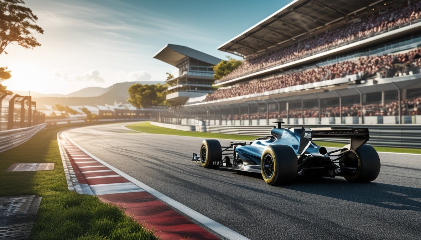 Mobil Formula 1 melaju di sirkuit balapan dengan penonton di tribun dan pemandangan hijau di sekitarnya.