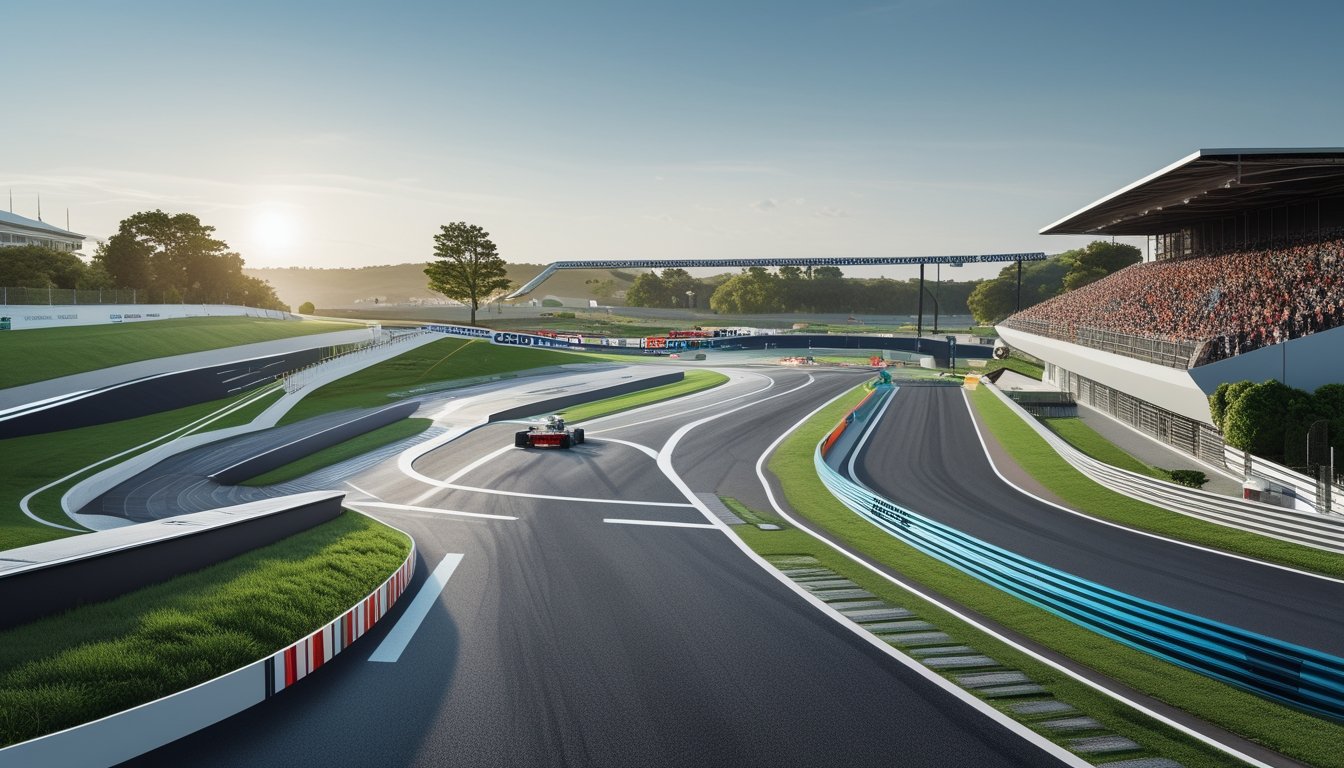 Pemandangan sirkuit Formula 1 modern dengan tribun penonton dan lintasan balap yang berliku di bawah langit cerah.