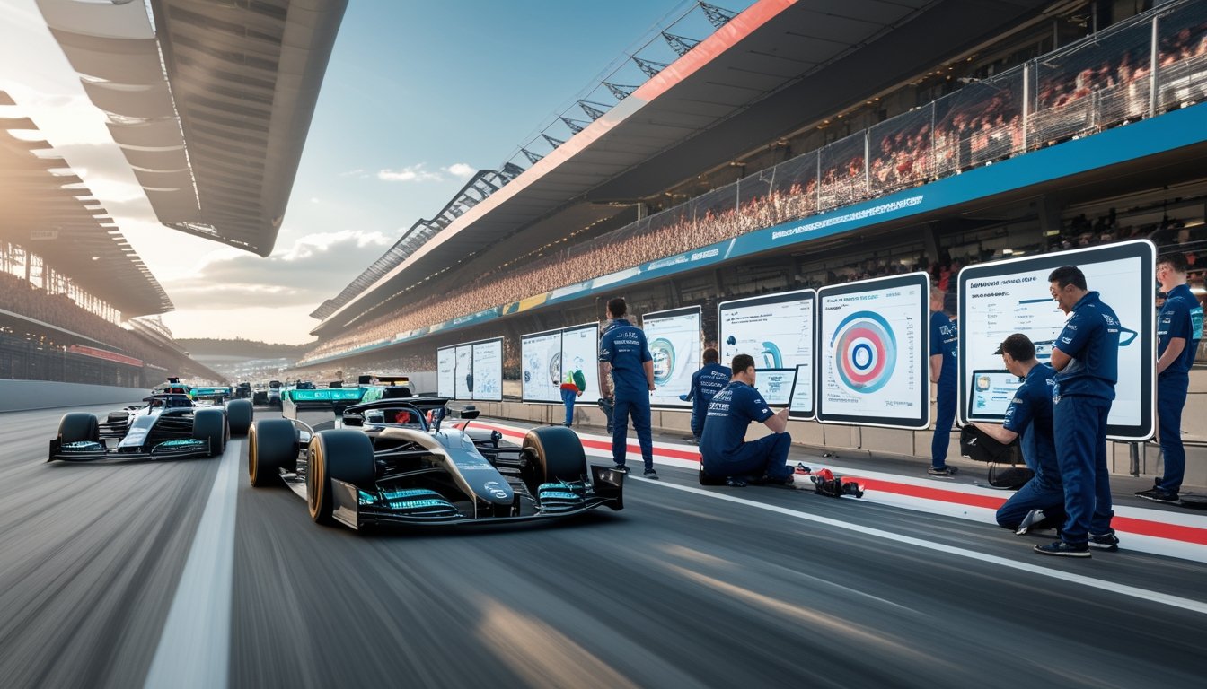 Balapan mobil Formula 1 futuristik dengan tim teknis yang sedang menganalisis data di pinggir lintasan balap.