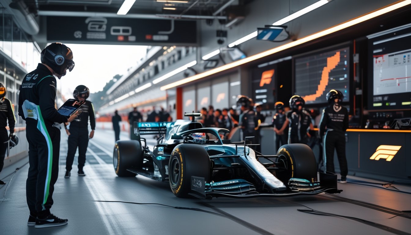 Tim balap Formula 1 sedang bekerja di pit lane dengan mobil balap modern dan peralatan teknis canggih.