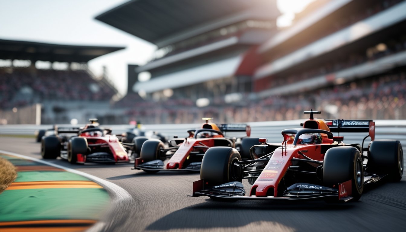 Tiga mobil balap Formula 1 dari tim Red Bull, Ferrari, dan Mercedes sedang berlomba di lintasan balap dengan penonton di latar belakang.