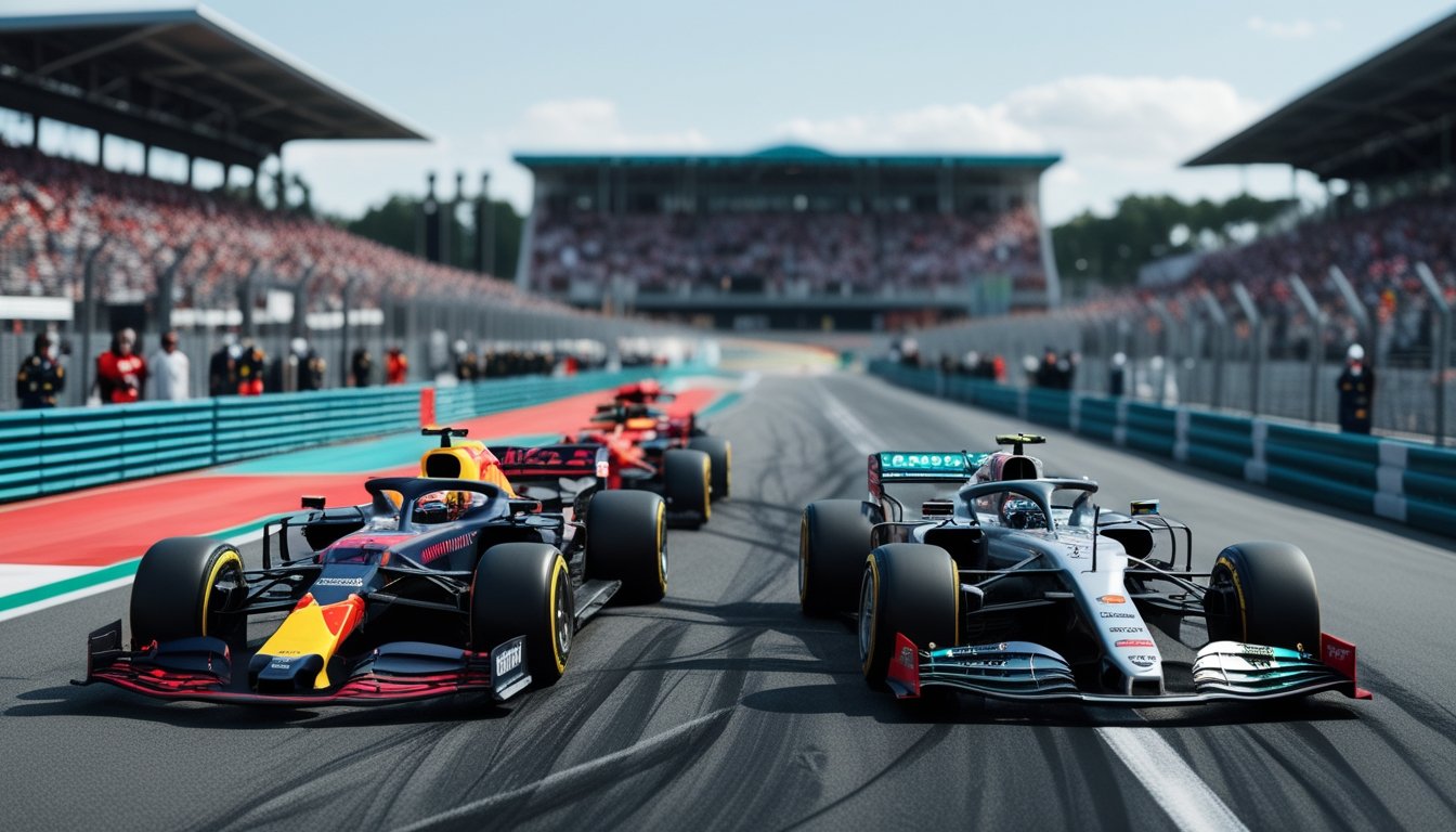 Tiga mobil balap Formula 1 dari tim Red Bull, Ferrari, dan Mercedes sedang melaju beriringan di lintasan balap dengan latar tribun penuh penonton.