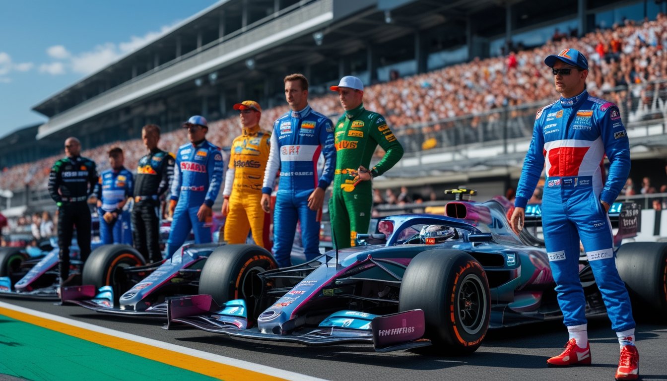 Beberapa pembalap Formula 1 berdiri di samping mobil balap mereka di lintasan dengan penonton di latar belakang.