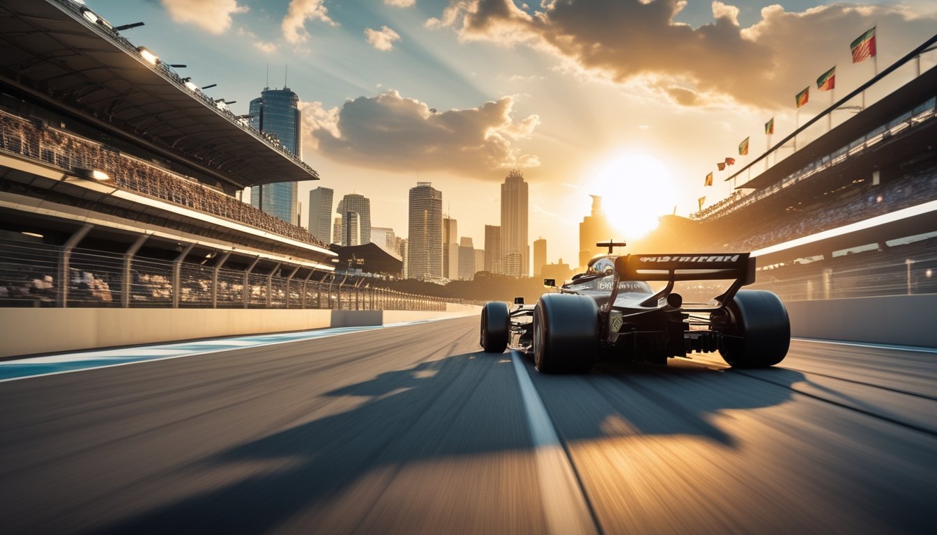 Mobil balap F1 melaju cepat di lintasan dengan latar belakang kota Melbourne dan sirkuit Yas Marina, dikelilingi oleh penonton dan suasana dramatis saat matahari terbenam.