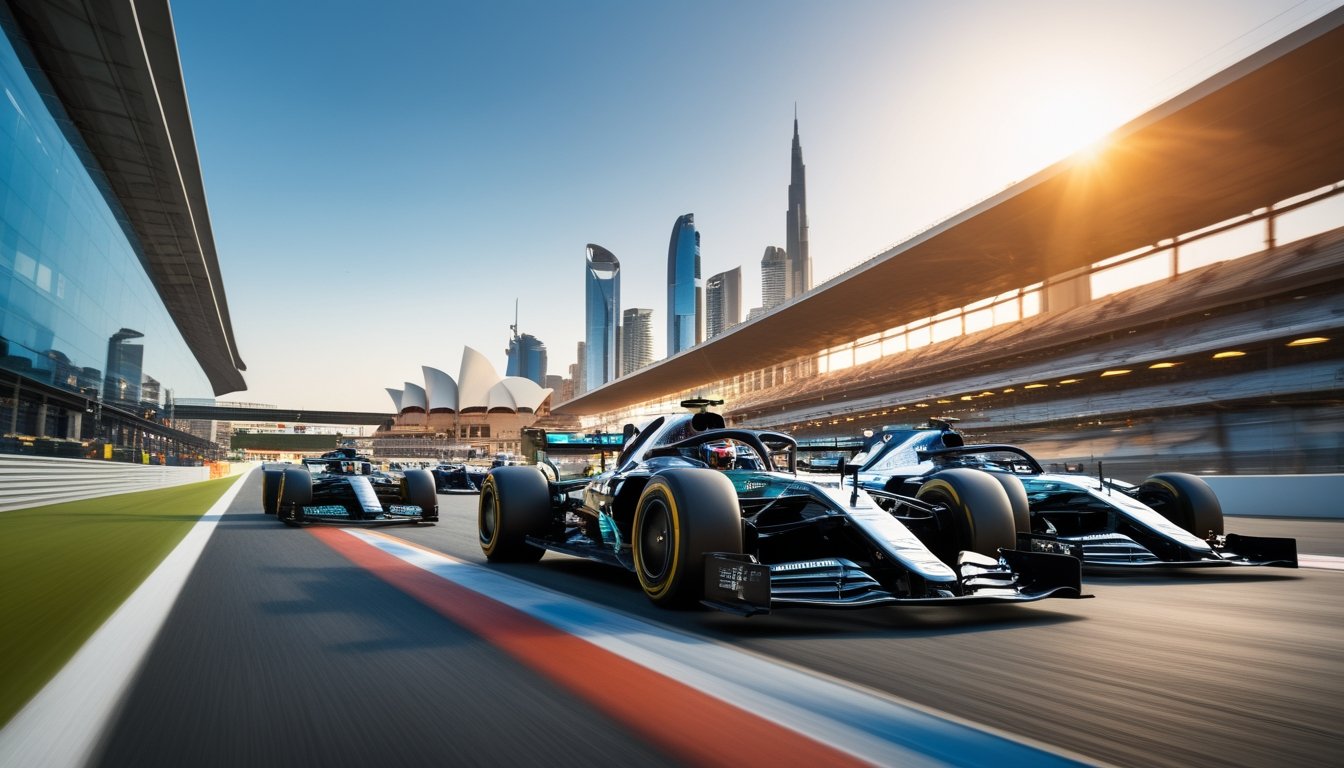 Mobil balap Formula 1 sedang melaju cepat di lintasan sirkuit dengan latar belakang landmark Sydney dan Abu Dhabi.