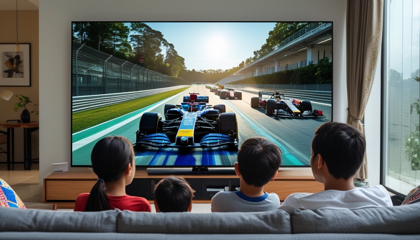 Keluarga Indonesia menonton balapan F1 secara langsung di ruang tamu dengan televisi besar menampilkan mobil balap F1 yang sedang melaju di lintasan.